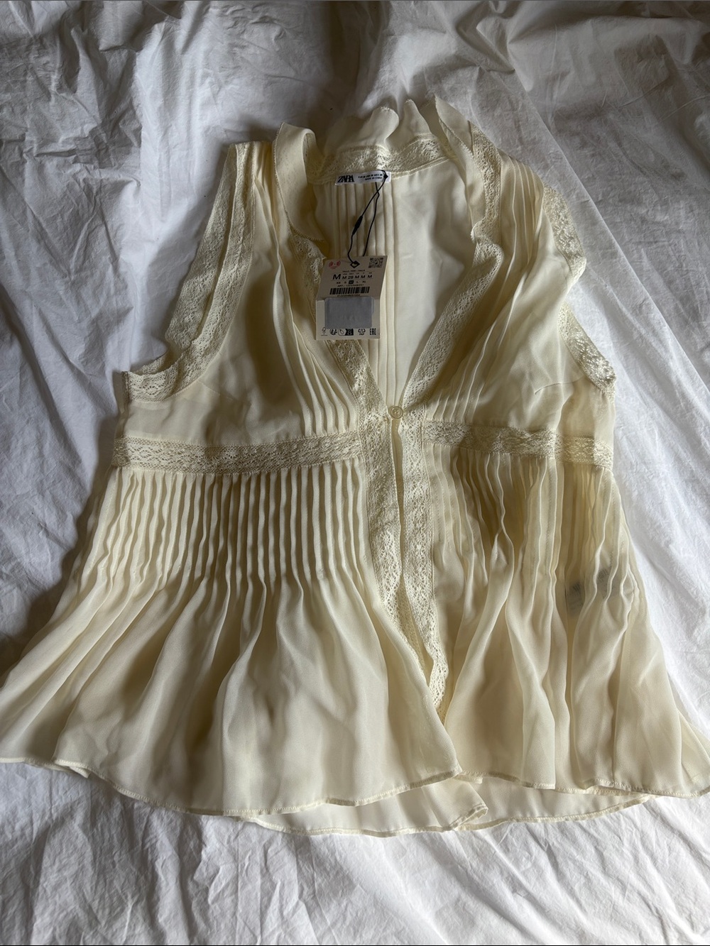 Zara Cream Pleated Lace-Trim Silk-Like Sleeveless Cami